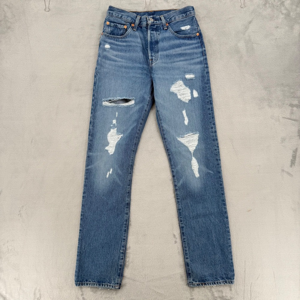 Levis Premium 501 Original Fit Distressed Ripped Jeans Medium Wash Size W26 L32